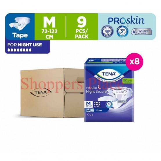 Tena PROskin Night Secure Adult Tape Diapers M 9's x 8 packs - 1 ctn